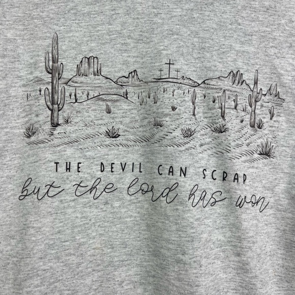 “The Devil can scrap, but the Lord has won” Heather Gray Tee T Shirt 💗 - Picture 3 of 6